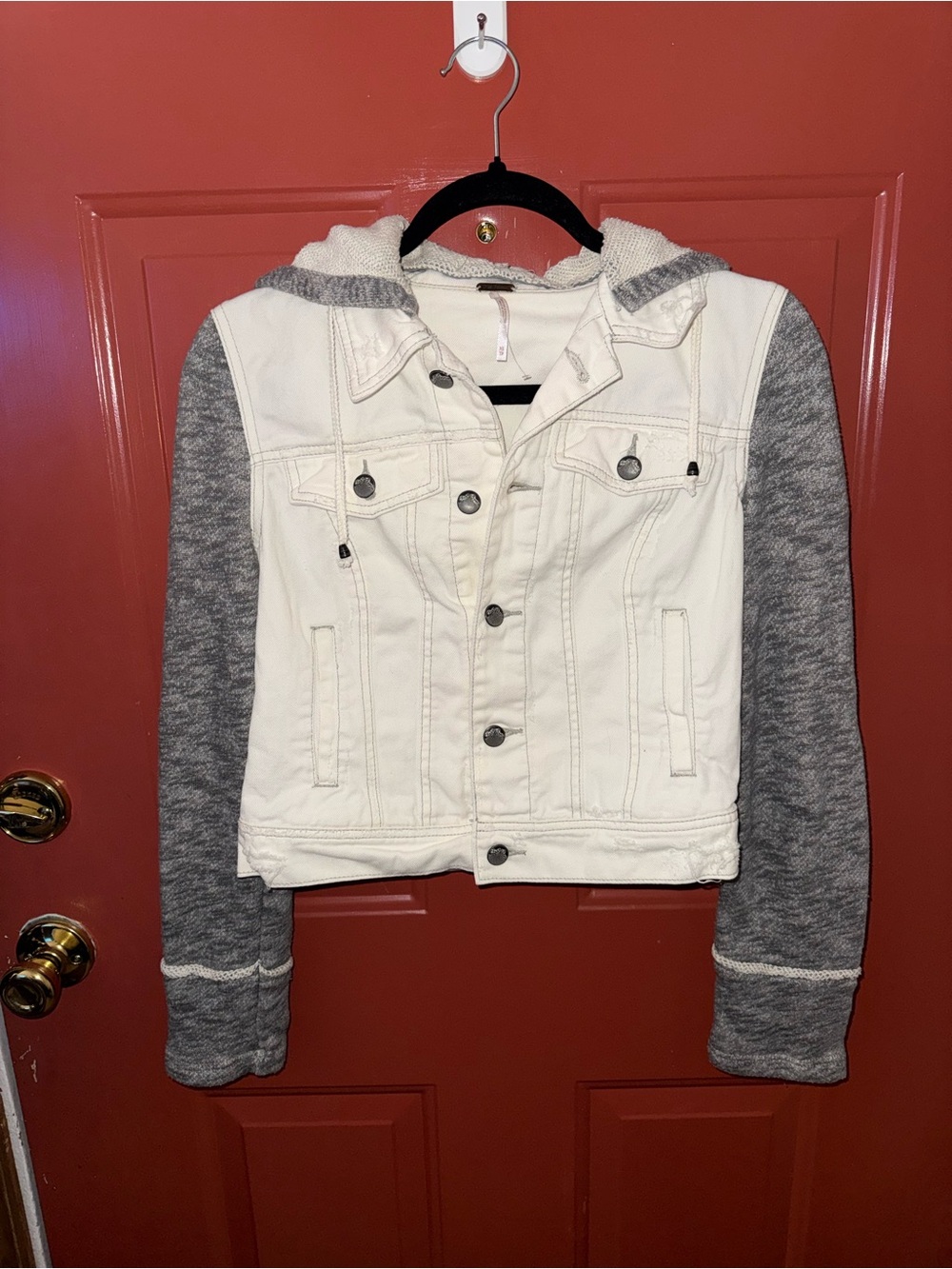 Free People XS  White Denim Jacket with Gray Knit Hood & Sleeves
